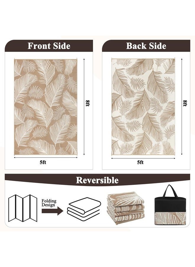PAUWER Waterproof Outdoor Rug 5x8, Reversible Plastic Straw Patio Camping Rug, Indoor Outdoor RV Mat Carpet for Deck, Camper, Porch, Balcony, Backyard, Picnic, Leaf Brown - Image 3