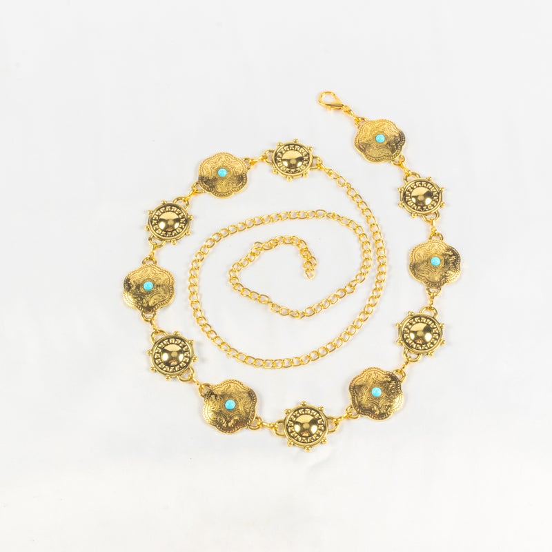 حزام وسط معدن حريمي ذهبي مرصعة بحجر فيروزي - Image 1