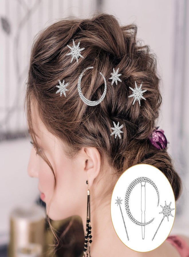 squishy 6 Pcs Hair Accessories for Women Wedding, Hair Jewellery for Women, Star and Moon Hair Clips with Crystal Stones, Traditional Dance accessory for Brides and Special Occasions - Image 3
