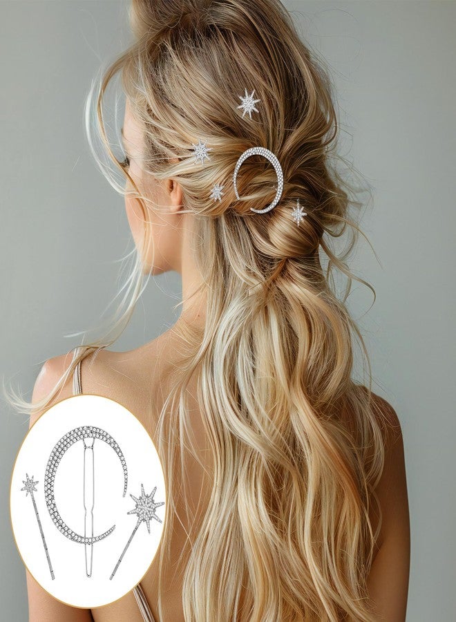 squishy 6 Pcs Hair Accessories for Women Wedding, Hair Jewellery for Women, Star and Moon Hair Clips with Crystal Stones, Traditional Dance accessory for Brides and Special Occasions - Image 2