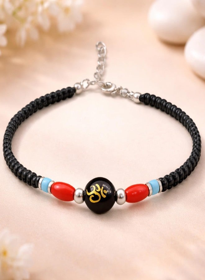 DARSHRAJ 925 Sterling Silver Om Bead Bracelet for Unisex | Black Bead Nazariya | Handmade Thread Armlet | Adjustable Spiritual Charm Wristband | Lucky Protection Bracelet for Men | Women | Boys | Girls - Image 5