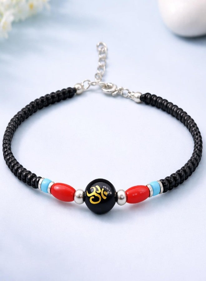 DARSHRAJ 925 Sterling Silver Om Bead Bracelet for Unisex | Black Bead Nazariya | Handmade Thread Armlet | Adjustable Spiritual Charm Wristband | Lucky Protection Bracelet for Men | Women | Boys | Girls - Image 3