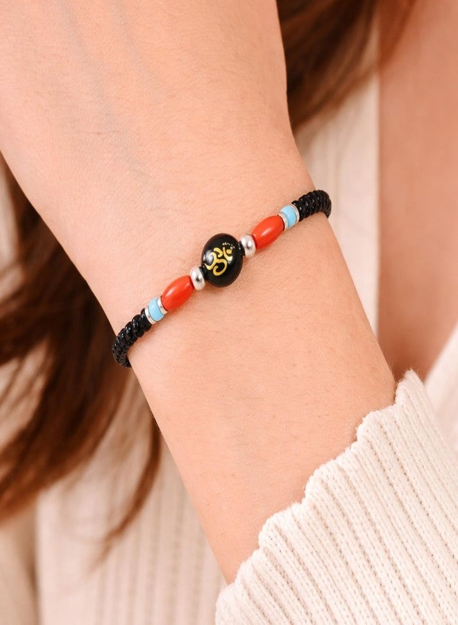 DARSHRAJ 925 Sterling Silver Om Bead Bracelet for Unisex | Black Bead Nazariya | Handmade Thread Armlet | Adjustable Spiritual Charm Wristband | Lucky Protection Bracelet for Men | Women | Boys | Girls - Image 2