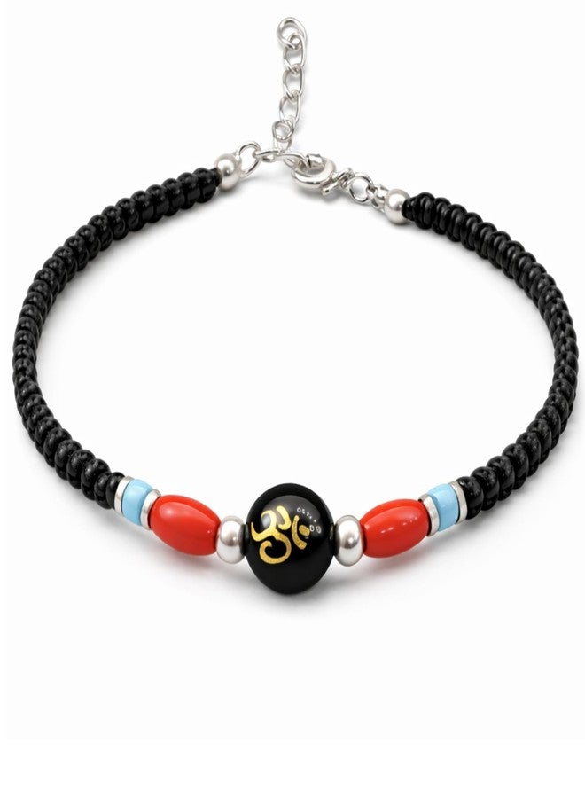 DARSHRAJ 925 Sterling Silver Om Bead Bracelet for Unisex | Black Bead Nazariya | Handmade Thread Armlet | Adjustable Spiritual Charm Wristband | Lucky Protection Bracelet for Men | Women | Boys | Girls - Image 1
