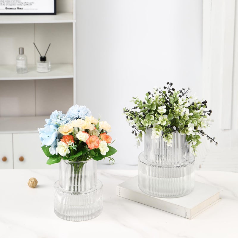 YANWE1 Ribbed Glass Vases for Bouquet, Set of 2 Fluted Vases for Flowers, Clear Vase for Tulips, Modern Glass Vase for Living Room, Office, Coffe Table, Dining Table, Shelf, Wedding - Image 2