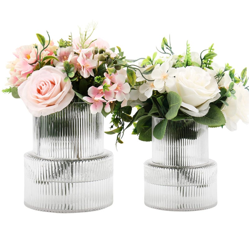YANWE1 Ribbed Glass Vases for Bouquet, Set of 2 Fluted Vases for Flowers, Clear Vase for Tulips, Modern Glass Vase for Living Room, Office, Coffe Table, Dining Table, Shelf, Wedding - Image 1
