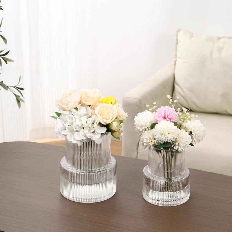YANWE1 Ribbed Glass Vases for Bouquet, Set of 2 Fluted Vases for Flowers, Clear Vase for Tulips, Modern Glass Vase for Living Room, Office, Coffe Table, Dining Table, Shelf, Wedding - Image 5