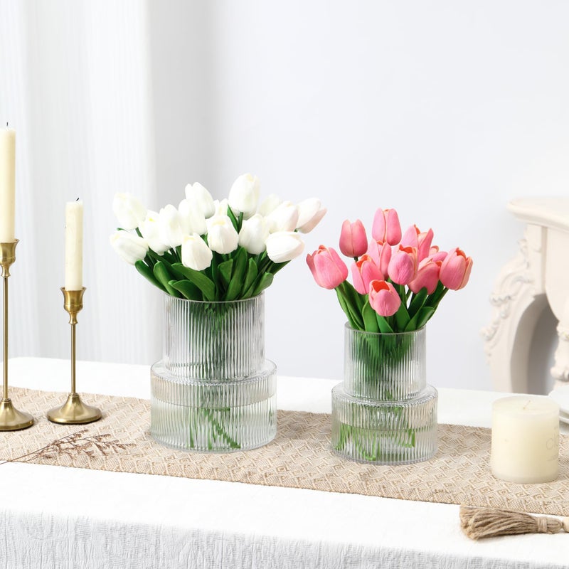 YANWE1 Ribbed Glass Vases for Bouquet, Set of 2 Fluted Vases for Flowers, Clear Vase for Tulips, Modern Glass Vase for Living Room, Office, Coffe Table, Dining Table, Shelf, Wedding - Image 4