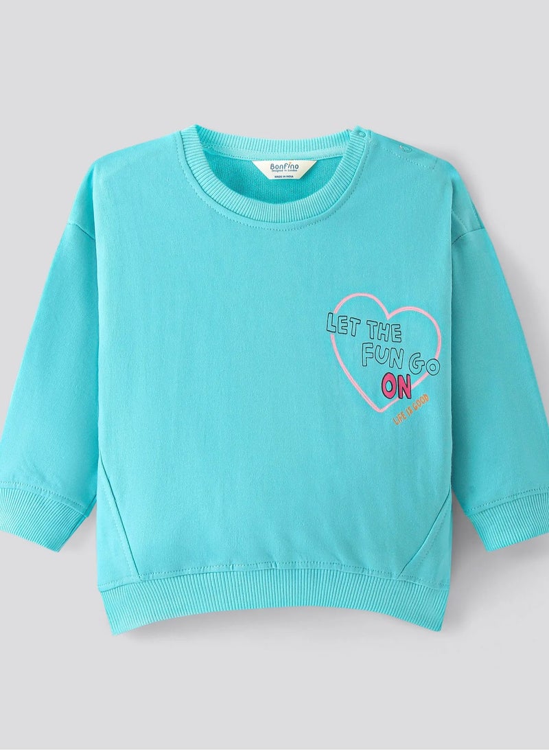 Bonfino Bonfino 100% Cotton French Terry Full Sleeves Drop Shoulder Sweatshirt with Heart & Text Print - Blue - Image 1