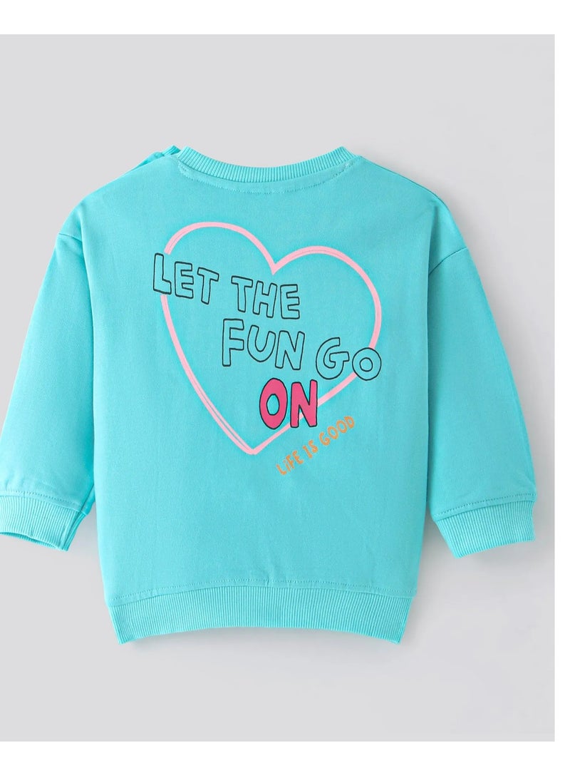 Bonfino Bonfino 100% Cotton French Terry Full Sleeves Drop Shoulder Sweatshirt with Heart & Text Print - Blue - Image 2
