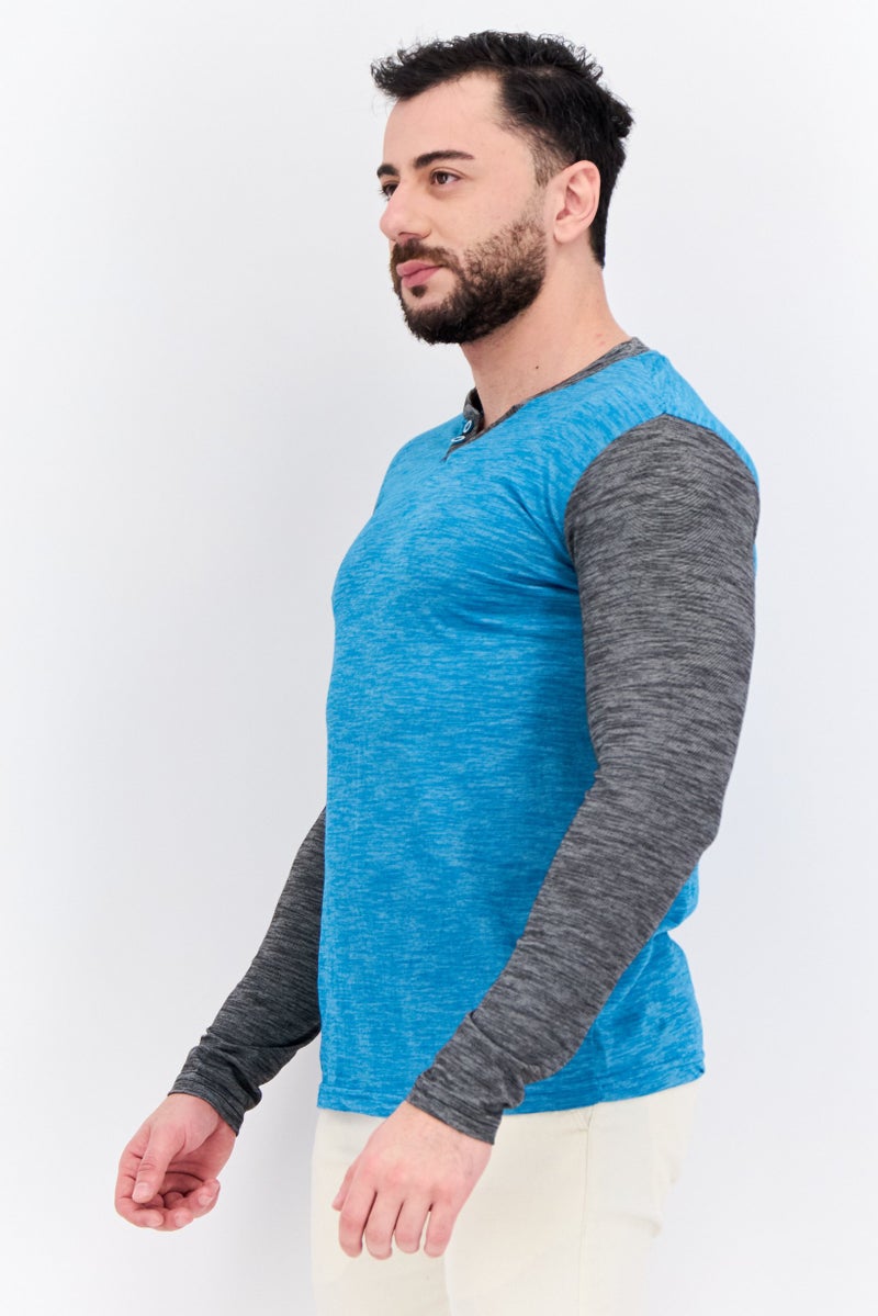 BRAVE SOUL Men Henley Neck Heather Long Sleeves T-Shirt, Teal Blue  - Image 2