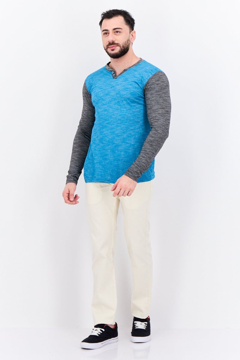 BRAVE SOUL Men Henley Neck Heather Long Sleeves T-Shirt, Teal Blue  - Image 4