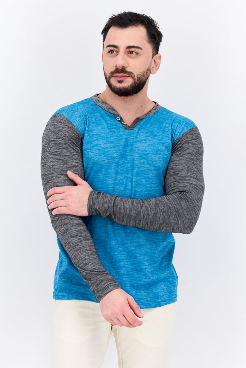 BRAVE SOUL Men Henley Neck Heather Long Sleeves T-Shirt, Teal Blue  - Image 1