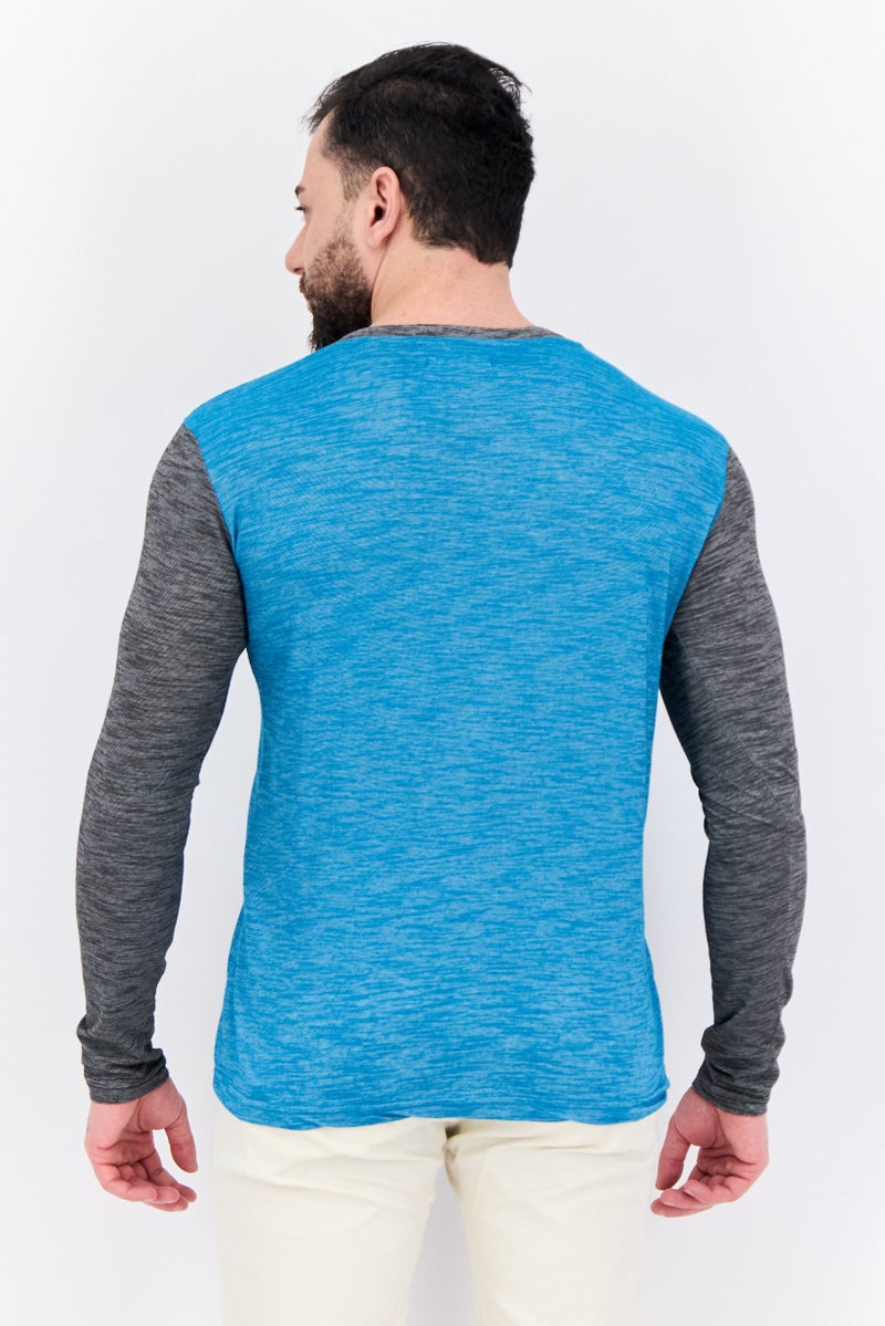 BRAVE SOUL Men Henley Neck Heather Long Sleeves T-Shirt, Teal Blue  - Image 3
