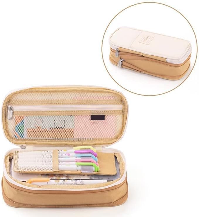 Arnuixty Large Storage Pencil Case Pen Bag with Zipper Big Capacity Pouch Organizer for Office Travel Holder Box (Khaki) - Image 3