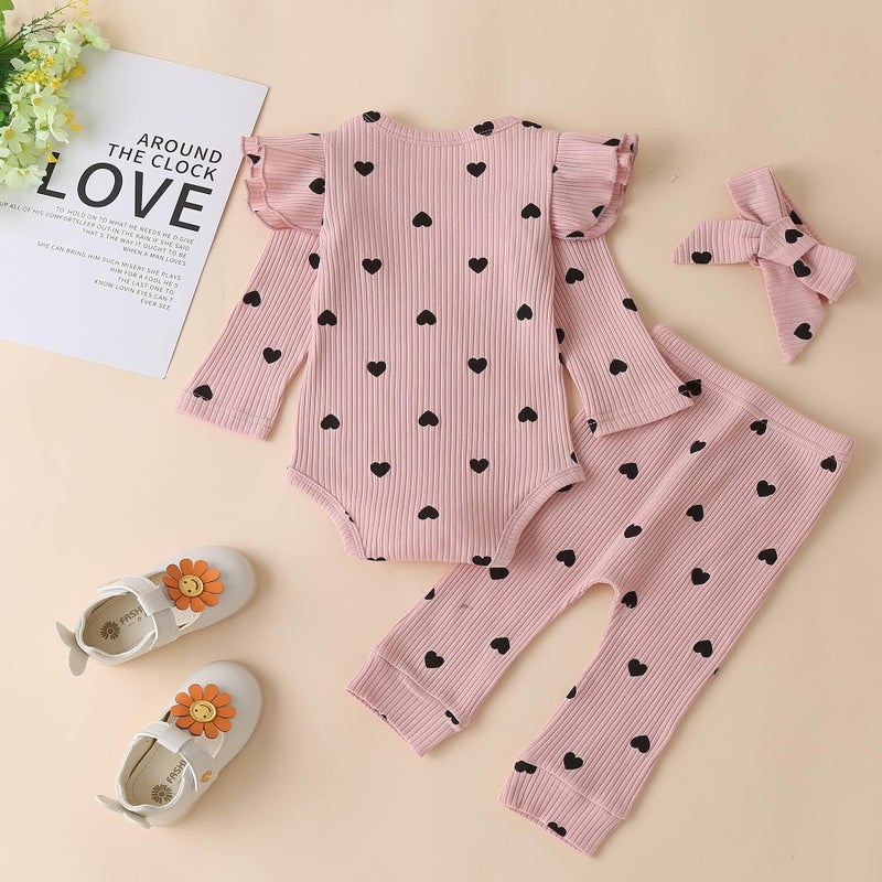 Fullfamous Newborn Infant Baby Girl Fall Winter Clothes Long Sleeve Onesie Clothing Pant Clothing Set Outfits Gifts Newborn Pink Heart - Image 5