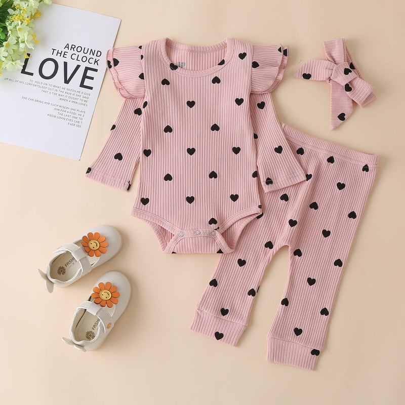 Fullfamous Newborn Infant Baby Girl Fall Winter Clothes Long Sleeve Onesie Clothing Pant Clothing Set Outfits Gifts Newborn Pink Heart - Image 4