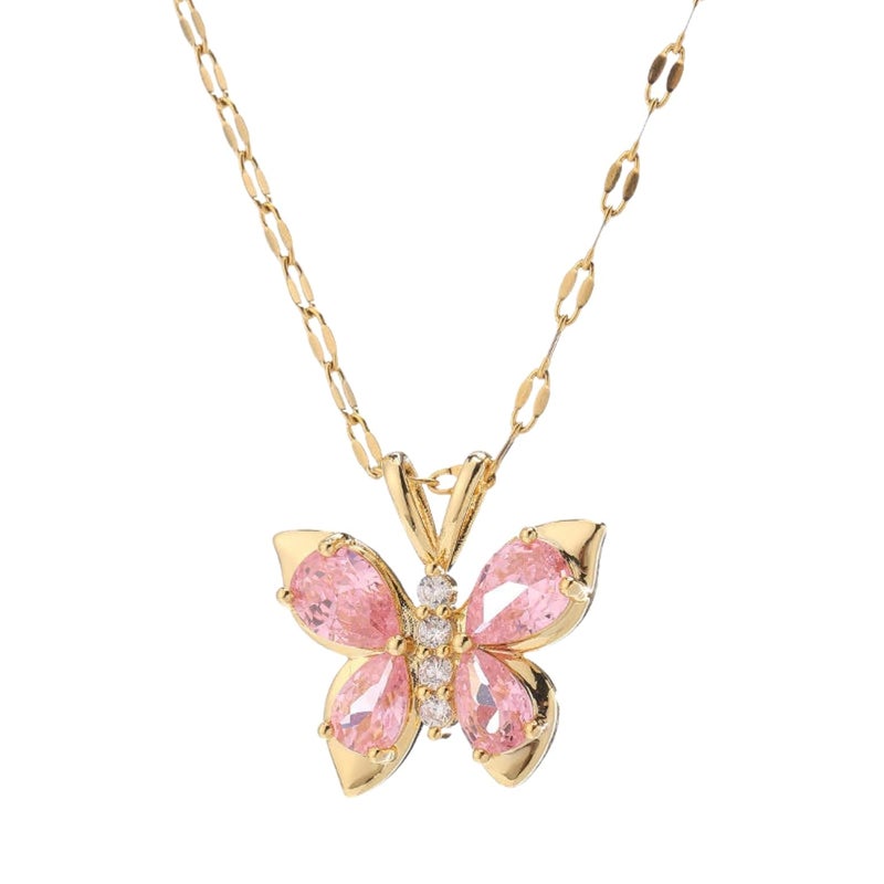 Salve Stainless Steel Coquette Pink Butterfly Pendant Necklace for Women | Fashion Jewellery for Women Adjustable Gold Necklace for Girls | Gift for Girlfriend Aesthetic Accessories for Girls Locket - Image 1