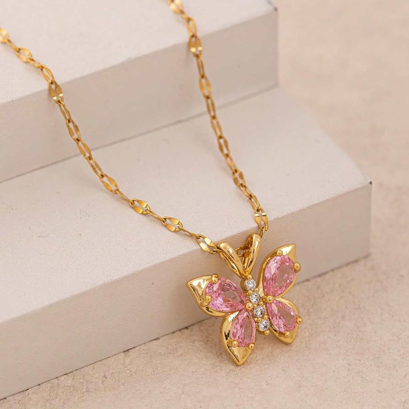 Salve Stainless Steel Coquette Pink Butterfly Pendant Necklace for Women | Fashion Jewellery for Women Adjustable Gold Necklace for Girls | Gift for Girlfriend Aesthetic Accessories for Girls Locket - Image 2