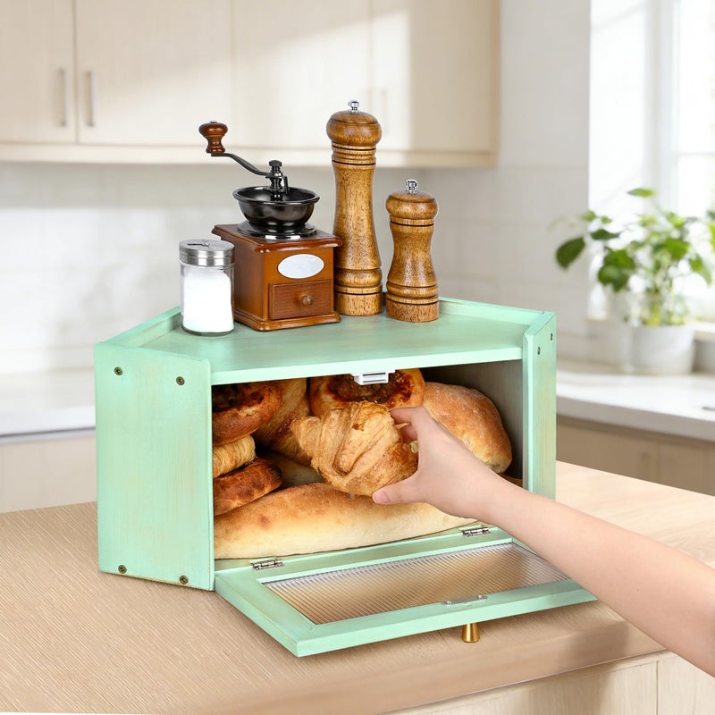Ollieroo Vintage Coner Bread Box for Kitchen Countertop, Bamboo Bread Storage Container, Breadbox for Homemade Bread, Large Capacity Bread Bin(Green) - Image 2