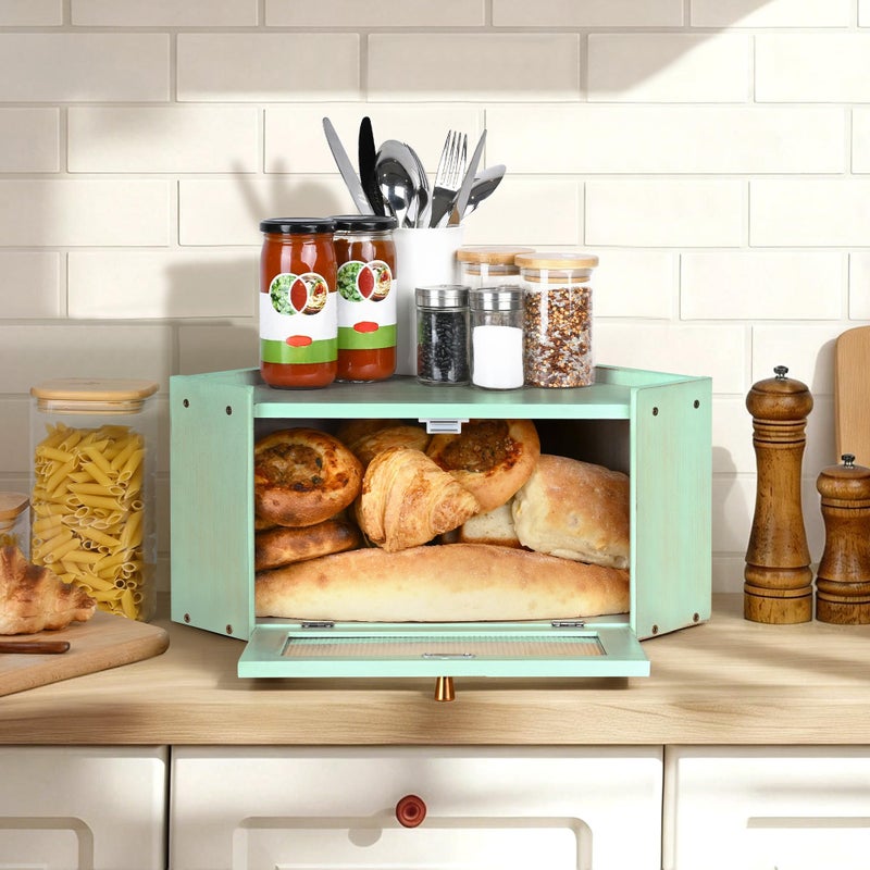 Ollieroo Vintage Coner Bread Box for Kitchen Countertop, Bamboo Bread Storage Container, Breadbox for Homemade Bread, Large Capacity Bread Bin(Green) - Image 4