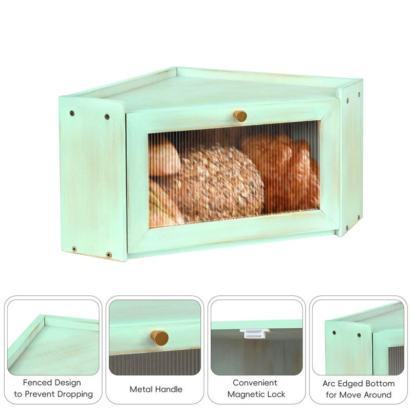 Ollieroo Vintage Coner Bread Box for Kitchen Countertop, Bamboo Bread Storage Container, Breadbox for Homemade Bread, Large Capacity Bread Bin(Green) - Image 5