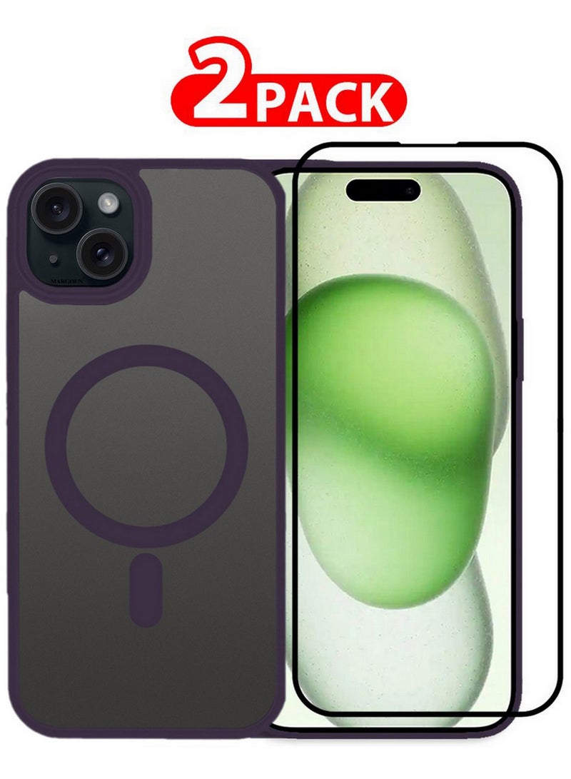 CATANES 2 Pieces Magnetic Slim Protective Case for iPhone 15 - with Wireless Charging Support with 3D Screen Protector - Purple - Image 1