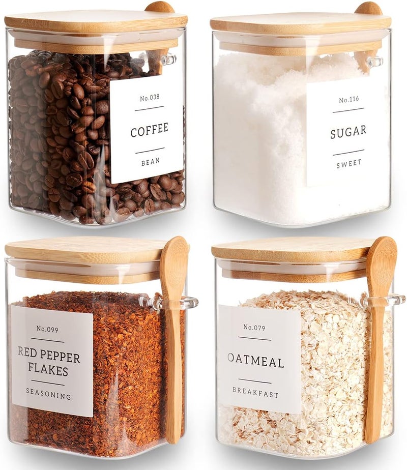 CZZGSM Set of 4 Square Glass Jars with Bamboo Lids and Spoons - Airtight 27 oz Food Storage Containers with 132 Pantry Labels - Image 1