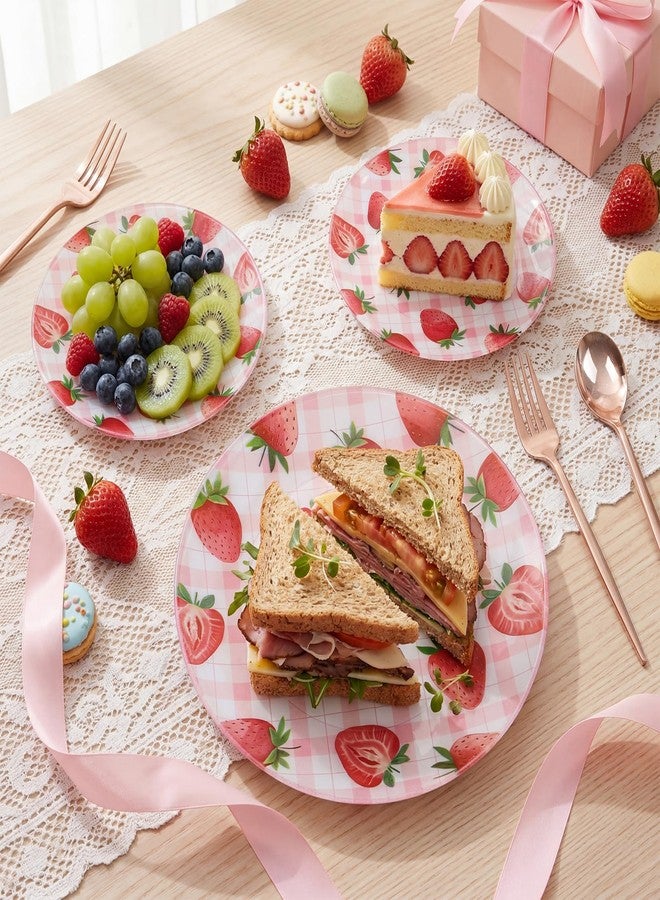 Liacere 32Pcs Strawberry Plastic plates - Strawberry Checkered Disposable Tableware - 16 Dessert Plates, 16 Dinner Plates, Ideal for Spring Picnics, Parties, Birthdays, and Gatherings - Image 3