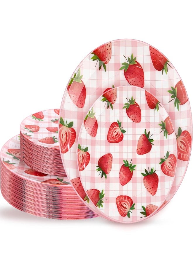 Liacere 32Pcs Strawberry Plastic plates - Strawberry Checkered Disposable Tableware - 16 Dessert Plates, 16 Dinner Plates, Ideal for Spring Picnics, Parties, Birthdays, and Gatherings - Image 1