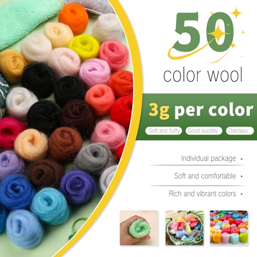 IMZAY 304 Pcs Needle Felting Kit, Wool Roving 50 Colors Set, Needle Felting Starter Kit, Needle Felting Tools Kit with 2 Exquisite Storage Bags, Felt Tools for Felted Animal Needle Felting Supplies - Image 3