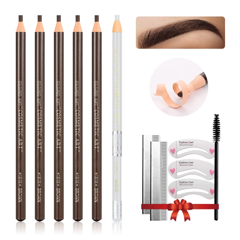 LSxia Waterproof Eye-Brow Pen-cil Set, Pull Cord Peel-off Eyebrow Pencil Microblading Pen Supplies Kit, White Eye-Liner Pencil and Eyebrows Tool Tattoo Makeup For Marking (5+1 Dark Brown) - Image 1