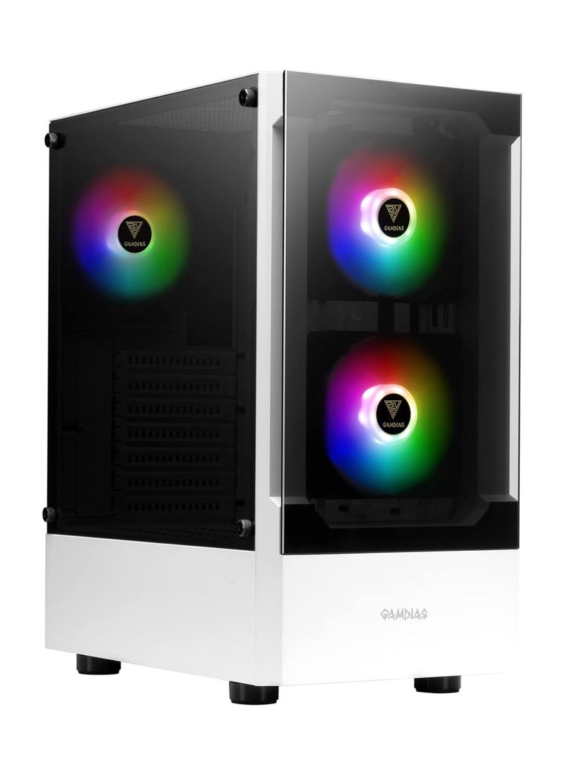 GAMDIAS - Gamdias White RGB Gaming ATX Mid Tower Computer PC Case with Side Tempered Glass Panel and a Magnetic Dust Filter & 3 Built-in 120mm ARGB Fans - Image 1