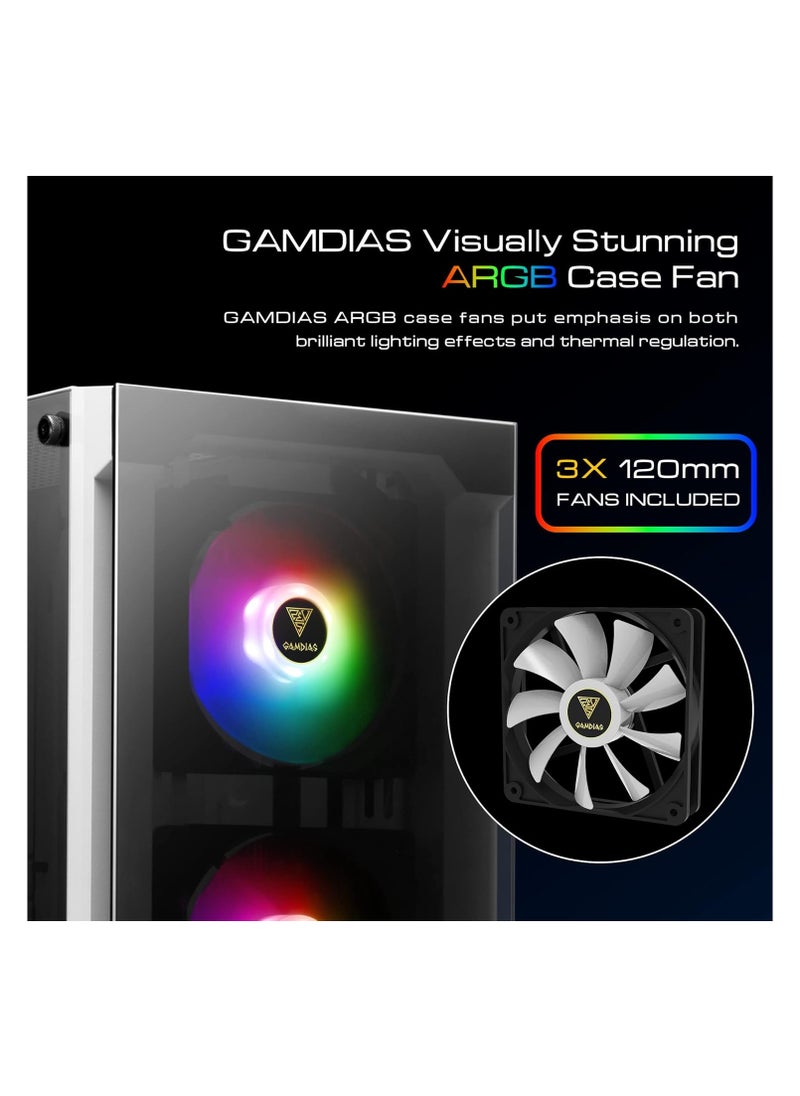 GAMDIAS - Gamdias White RGB Gaming ATX Mid Tower Computer PC Case with Side Tempered Glass Panel and a Magnetic Dust Filter & 3 Built-in 120mm ARGB Fans - Image 1