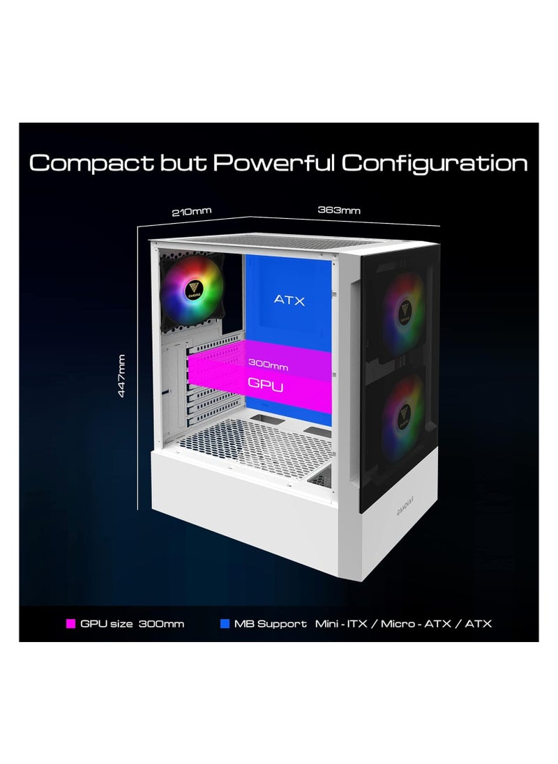 GAMDIAS - Gamdias White RGB Gaming ATX Mid Tower Computer PC Case with Side Tempered Glass Panel and a Magnetic Dust Filter & 3 Built-in 120mm ARGB Fans - Image 1