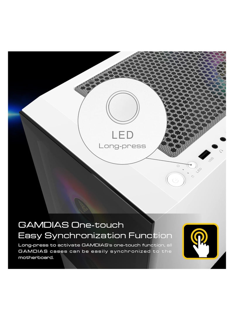 GAMDIAS - Gamdias White RGB Gaming ATX Mid Tower Computer PC Case with Side Tempered Glass Panel and a Magnetic Dust Filter & 3 Built-in 120mm ARGB Fans - Image 1
