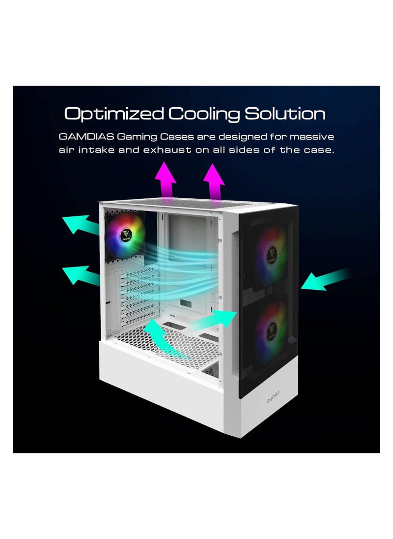GAMDIAS - Gamdias White RGB Gaming ATX Mid Tower Computer PC Case with Side Tempered Glass Panel and a Magnetic Dust Filter & 3 Built-in 120mm ARGB Fans - Image 1