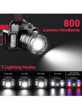 LED Headlamp Rechargeable Head Light for Adults, 360° Adjustable Angle Headlight Flashlight with 5 Modes IPX6 Waterproof, Motion Sensor, Headlight for Fishing, Camping, Hiking - view 3