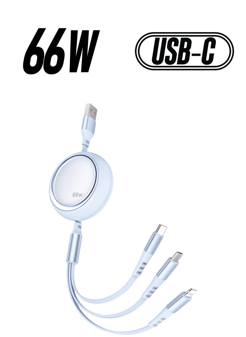 ريتشي كابل شحن سريع USB قابل للسحب 3 في 1 (1.2 متر) | كابل شحن متعدد 3.5 أمبير | محول بمنافذ IP/Type-C/Micro USB للشحن السريع ونقل البيانات والتوافق العالمي والهواتف المحمولة وSamsung Galaxy وiPhone والأجهزة اللوحية وأجهزة PlayStation والشحن عالي السرعة ومتين وخالٍ من التشابك وسهل السفر وصغير الحجم ومصنوع من مادة عالية الجودة وحل شحن متعدد الأجهزة  - Image 1