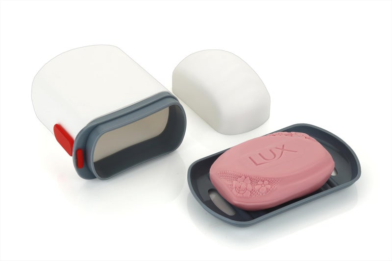 happi حافظة صابون سفر مضادة للتسرب من هابي، علبة صابون بلاستيكية محمولة مع طبقة تصريف وغطاء لحامل صابون السفر للحمام في الهواء الطلق (رمادي-أبيض) - Image 1