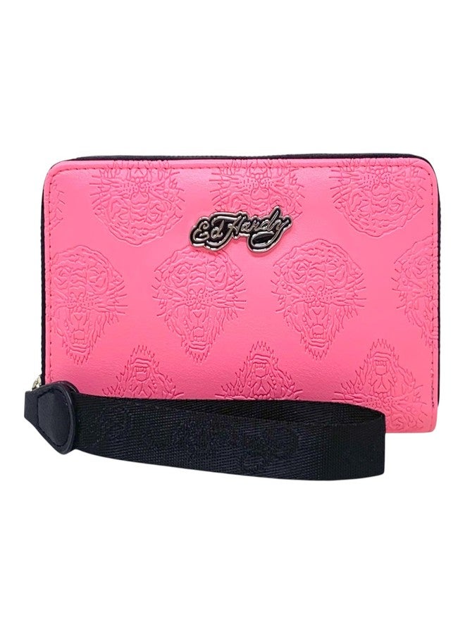ED HARDY Women's Zip Around Wallet with Wrist Strap (Pink Deboss) - Image 1