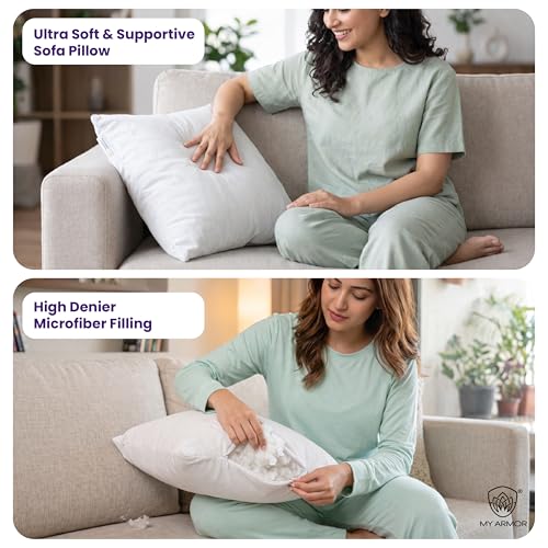 MY ARMOR Microfiber Sofa Cushions Set of 5 | Soft Square Pillow for Comfort & Back Support | Fluffy, Washable, Breathable Cushion for Sofa & Bed - White, 12x12 Inches - Image 4