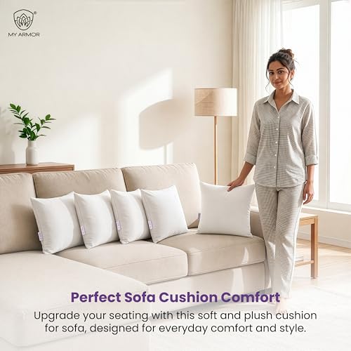 MY ARMOR Microfiber Sofa Cushions Set of 5 | Soft Square Pillow for Comfort & Back Support | Fluffy, Washable, Breathable Cushion for Sofa & Bed - White, 12x12 Inches - Image 2