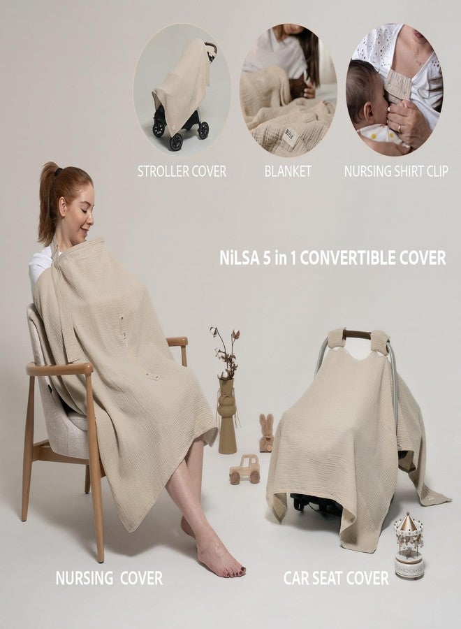 Nilsa 5-in-1 Muslin Nursing Cover up for Breastfeeding & Baby Car Seat Cover - Breathable Breastfeeding Cover With Rigid Hoop - 100% Cotton Privacy Apron Breast Feeding Covers For Women (Ecru) - Image 3