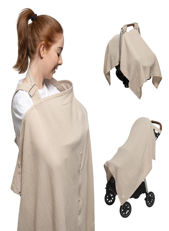 Nilsa 5-in-1 Muslin Nursing Cover up for Breastfeeding & Baby Car Seat Cover - Breathable Breastfeeding Cover With Rigid Hoop - 100% Cotton Privacy Apron Breast Feeding Covers For Women (Ecru) - Image 1