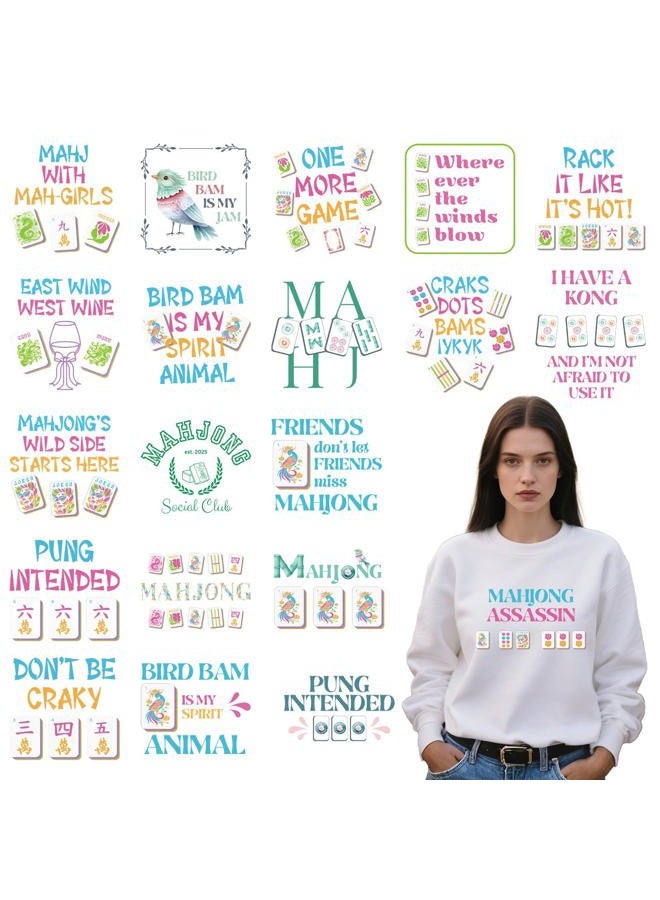 Aposwow Dtf Transfers Ready to Press - 20 Pcs Mahjong Iron on Patches for T-Shirts, Funny Mahjong Iron on Stickers Bird Heat Transfer Vinyl Decals for DIY Fabric Clothes Decor - Image 1
