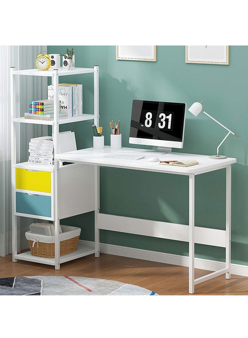 CORNER COMPUTER PC DESK STUDY WRITING TABLE 4 TIER BOOKSHELF 2 DRAWERS STORAGE
