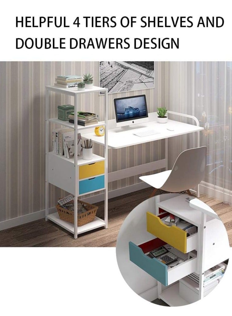 CORNER COMPUTER PC DESK STUDY WRITING TABLE 4 TIER BOOKSHELF 2 DRAWERS STORAGE