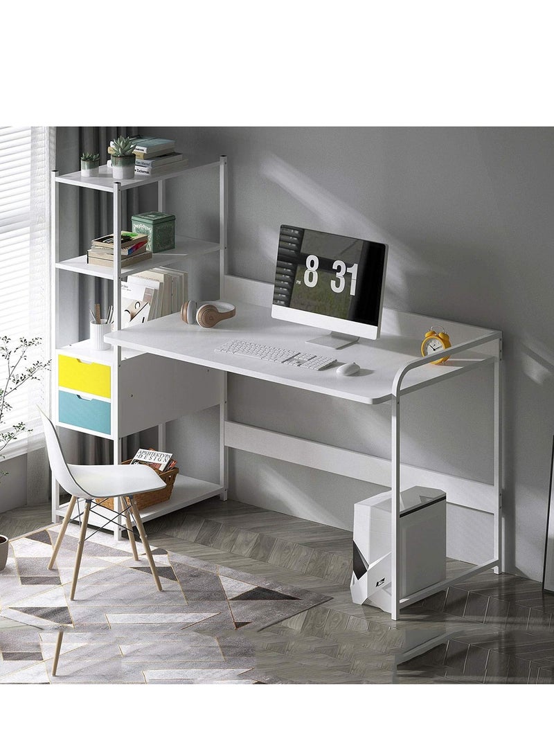 CORNER COMPUTER PC DESK STUDY WRITING TABLE 4 TIER BOOKSHELF 2 DRAWERS STORAGE