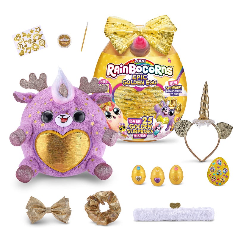 Rainbocorns Epic Golden Egg by ZURU (Reindeer), Girls Toy Includes Stuffed Animal with 25+ Golden Surprises, with Rings, Stickers, Bows, and More - Girls Gift Idea - Image 1